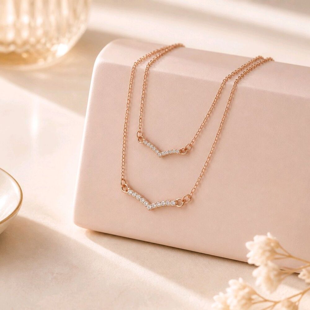 Two Layered V-Shape Crystals Rose Gold Chain Necklace